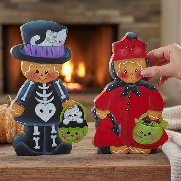 Bellamy Cottage Other - Hand-Painted Halloween Gingerbread Shelf Sitters Signed Bellamy’s Cottage Pair